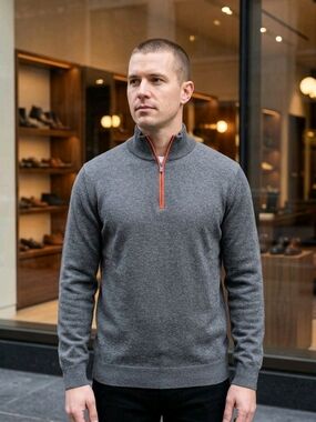 Kinross Men's Gray Quarter-Zip Cashmere Sweater with Orange Zip Detail